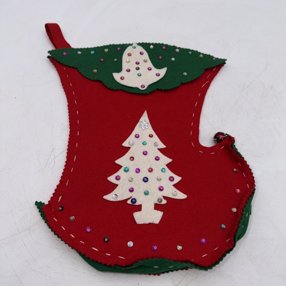 Vintage Felt Christmas Stocking Hand Made Tree Bells MidCentury Modern